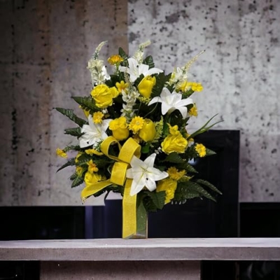 Silky Flower Store Cemetery Graveside Floral Saddle Arrangement, Yellow White Artificial Memorial Flowers, 18 x 18 x 22 in 7 7 Product: Jucgghk Vivid and Realistic Floral Art Cemetery Flowers Arrangement,Yellow White Graveside Flowers for Cemetery Headstones Decoration