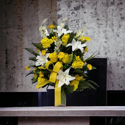 Silky Flower Store Cemetery Graveside Floral Saddle Arrangement, Yellow White Artificial Memorial Flowers, 18 x 18 x 22 in 3 3 Product: Jucgghk Vivid and Realistic Floral Art Cemetery Flowers Arrangement,Yellow White Graveside Flowers for Cemetery Headstones Decoration