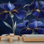 Product: Blue Iris Wall Mural Gold Trimmed Floral Mural Luxury Floral Wallpaper Vintage Dark Flower Murals Modern Themed Wall Art for Living Room Bedroom Kitchen 169.3" x 118.2"