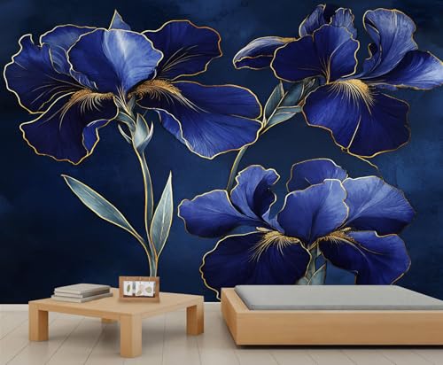 Product: Blue Iris Wall Mural Gold Trimmed Floral Mural Luxury Floral Wallpaper Vintage Dark Flower Murals Modern Themed Wall Art for Living Room Bedroom Kitchen 169.3" x 118.2"