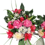 Product: Two-Tone Pink Dahlia, Rose and Trumpet Lily Headstone Saddle for Cemetery Cone Funeral Garland for Table Centerpiece Holiday Party Weddi