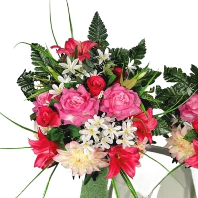 Product: Two-Tone Pink Dahlia, Rose and Trumpet Lily Headstone Saddle for Cemetery Cone Funeral Garland for Table Centerpiece Holiday Party Weddi