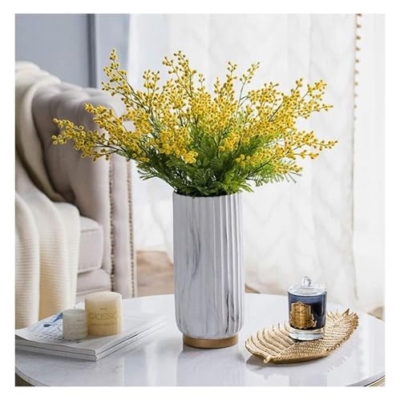 Product: Fake Flower Fake Flower Artificial Yellow Acacia Flowers Mimosa Plush Silk Flower Fake Flower Vase Set Home Wedding Party Table Weddin(A Vase+flower)
