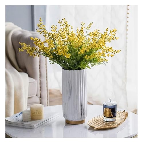 Product: Fake Flower Fake Flower Artificial Yellow Acacia Flowers Mimosa Plush Silk Flower Fake Flower Vase Set Home Wedding Party Table Weddin(A Vase+flower)
