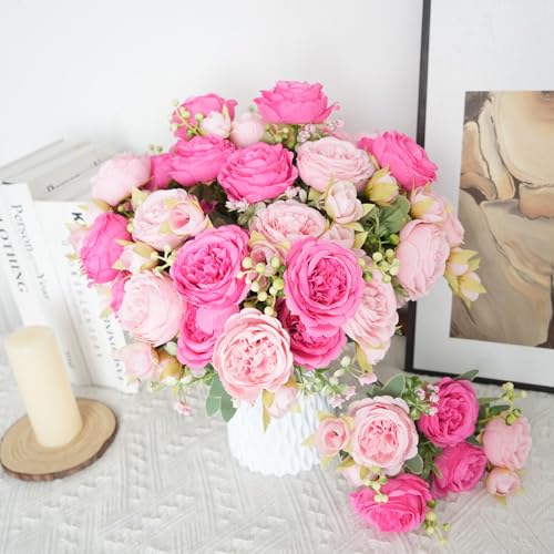 Product: MHMJON 20 Bunches Fake Red Roses 10 Bundles Peonies Artificial Flowers, Pink Silk Peony Flower Bulk Bridesmaid Bouquet for Indoor Home Decor Bedroom Kitchen Office Wedding Party Table Centerpieces