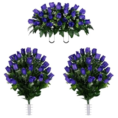 Product: Jucgghk Vivid and Realistic Floral Art Purple Rose Bud Cemetery Saddle and Flower Arrangement Set, 1 Saddle and 2 Bouquets for Grave Tombstone Decorations(NO VASE)
