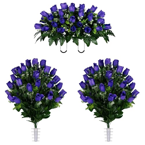 Product: Jucgghk Vivid and Realistic Floral Art Purple Rose Bud Cemetery Saddle and Flower Arrangement Set, 1 Saddle and 2 Bouquets for Grave Tombstone Decorations(NO VASE)