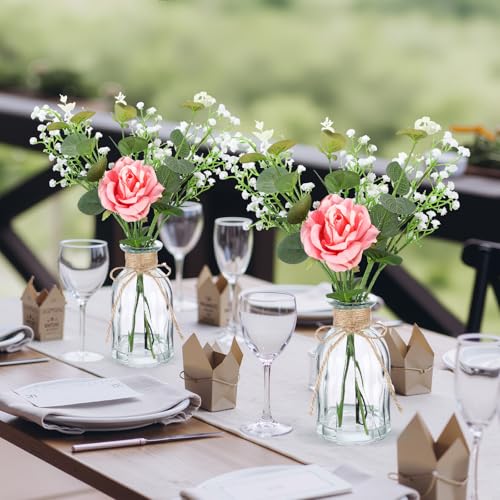 Product: Janinka 10 Set Mini Fake Plants and Artificial Flowers in Vase 10 Glass Vases Fake Silk Roses Eucalyptus Babys Breath Artificial Flowers for Centerpiece Table Decorations Wedding Office Home Decor