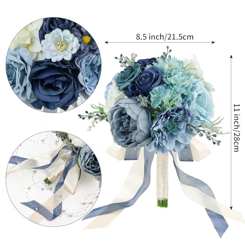 Product: Dusty Blue Bride Bouquet & Bridesmaid Bouquets Set of 2 for Wedding Artificial Roses Flowers Wedding Flowers Bouquets for Bride Bridesmaids Marriage Proposal Party Church Decoration