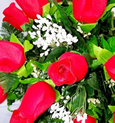 Product: Jucgghk Vivid and Realistic Floral Art 32" Red Rose Grave Flowers,Realistic Vibrant Flowers, Outdoor Grave Decorations for Headstone