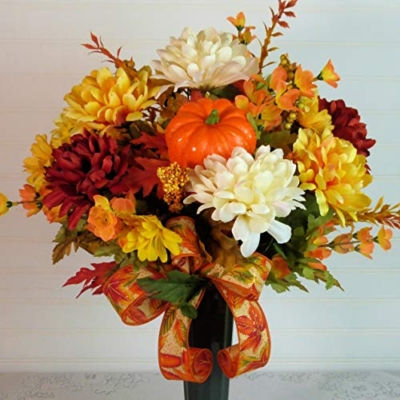 Silky Flower Store Fall Cemetery Grave Arrangement with Mums, Artificial Autumn Florals, Green Cemetery Cone, 19 inch 8 8 Product: Silk Florals & Frills 19 inch Fall Grave Arrangement, Cemetery Arrangement Fall, Fall Cemetery with Mums