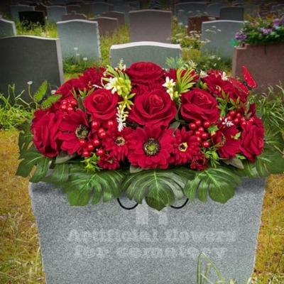 Product: HENOMO Velvet Cemetery Flower Saddle for Grave Decorations,Headstone Flower Saddle-Red Rose Mum and Berry-Non-Bleed Colors