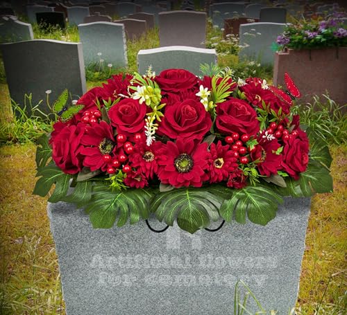 Product: HENOMO Velvet Cemetery Flower Saddle for Grave Decorations,Headstone Flower Saddle-Red Rose Mum and Berry-Non-Bleed Colors