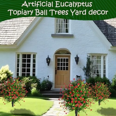 Product: Set of 2 Fall Boxwood Topiary Ball Trees Artificial Outdoor with Ground Spike, 22.3"UV Resistant Faux Shrubs with Mum Flowers, Fake Outdoor Bushes Plants for Garden Yard Porch Patio decor Red