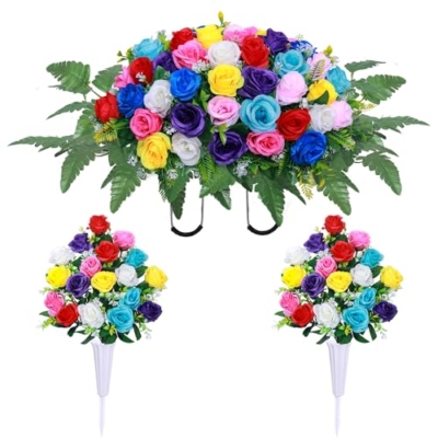 Product: Artificial Cemetery Flower Saddles,Artificial Silk Flower Arrangement for Headstones,Cemetery Memorial Flowers with Vase for Grave Tombstone Decorations (Colour, 1 Saddle 2 Bouquets)
