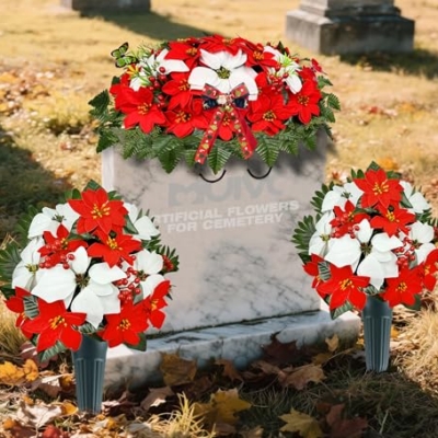Product: MUVIC Artificial Christmas Cemetery Flower for Grave,Three-Piece Set: Xmas Headstone Flower Saddle and 2 Poinsettia Bouquets,Easy Fit and Colorfast