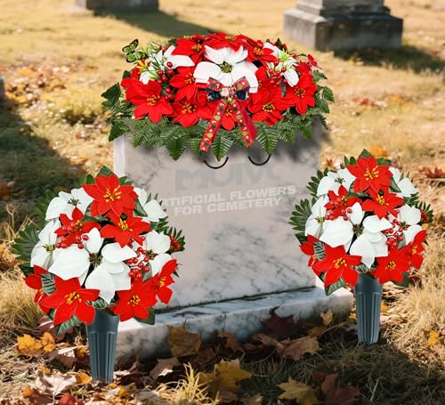 Product: MUVIC Artificial Christmas Cemetery Flower for Grave,Three-Piece Set: Xmas Headstone Flower Saddle and 2 Poinsettia Bouquets,Easy Fit and Colorfast