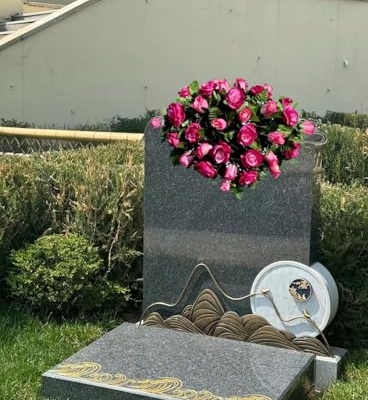 Product: Jucgghk Vivid and Realistic Floral Art 30" Hot Pink Roses Cemetery Saddle, Elegant Memorial Day Saddle for Headstone