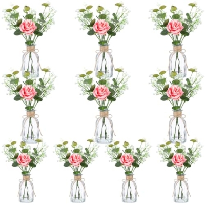 Product: Janinka 10 Set Mini Fake Plants and Artificial Flowers in Vase 10 Glass Vases Fake Silk Roses Eucalyptus Babys Breath Artificial Flowers for Centerpiece Table Decorations Wedding Office Home Decor