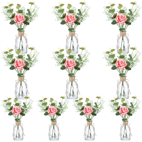 Product: Janinka 10 Set Mini Fake Plants and Artificial Flowers in Vase 10 Glass Vases Fake Silk Roses Eucalyptus Babys Breath Artificial Flowers for Centerpiece Table Decorations Wedding Office Home Decor