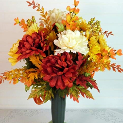 Silky Flower Store Fall Cemetery Grave Arrangement with Mums, Artificial Autumn Florals, Green Cemetery Cone, 19 inch 11 11 Product: Silk Florals & Frills 19 inch Fall Grave Arrangement, Cemetery Arrangement Fall, Fall Cemetery with Mums
