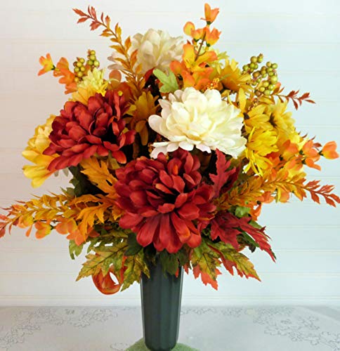 Silky Flower Store Fall Cemetery Grave Arrangement with Mums, Artificial Autumn Florals, Green Cemetery Cone, 19 inch 4 4 Product: Silk Florals & Frills 19 inch Fall Grave Arrangement, Cemetery Arrangement Fall, Fall Cemetery with Mums