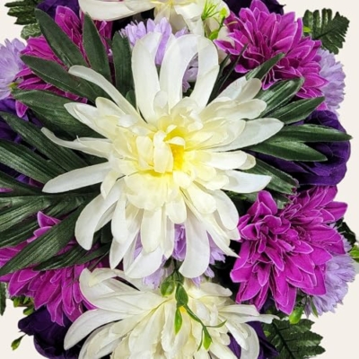 Product: Purple Cream Headstone Saddle, Mums Dahlias and Roses Grave Flowers for Memorial Decoration Garland for Table Centerpiece Holiday Party Weddi