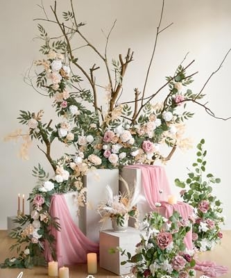 Product: Ling's Moment Flower Garland - 6FT Eucalyptus & Rose - Sweetheart Table Decor for Wedding Reception, Artificial Silk Floral Garland for Mantle, Spring, Garden Christmas Decoration, White Beige