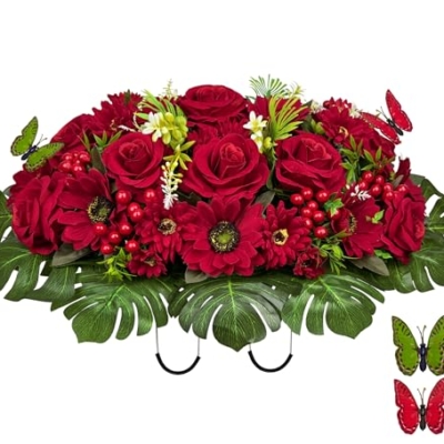 Product: HENOMO Velvet Cemetery Flower Saddle for Grave Decorations,Headstone Flower Saddle-Red Rose Mum and Berry-Non-Bleed Colors