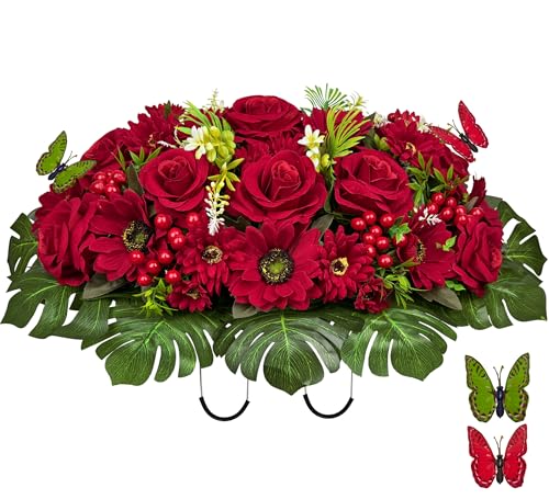 Product: HENOMO Velvet Cemetery Flower Saddle for Grave Decorations,Headstone Flower Saddle-Red Rose Mum and Berry-Non-Bleed Colors