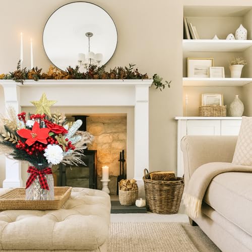 Artificial Flower Arrangements Christmas Centerpieces for Tables, Holiday Table Decor, 100pcs Christmas Floral Arrangements in Vase, Xmas Decorations for Coffee Kitchen Dining Table, Artificial Poinsettia Red Berry Pine Branches 3 3 Product: Christmas Centerpieces for Tables, Holiday Table Decor, 100pcs Christmas Floral Arrangements in Vase, Xmas Decorations for Coffee Kitchen Dining Table, Artificial Poinsettia Red Berry Pine Branches