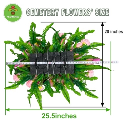 Product: FLOWERIA Artificial Cemetery Flowers - Outdoor Grave Saddle for Headstone Decorations with Orange Roses Tulips