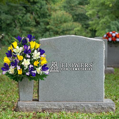 Product: Sympathy Silks Artificial Cemetery Flowers – Realistic Vibrant Tulips, Outdoor Grave Decorations - 1 Yellow Tulips Purple Iris Bouquet