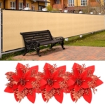 Product: SPORTYOUTH 3ft x 50ft Fence Privacy Screen Beige and 30 Pcs Red Poinsettia Artificial Christmas Flowers with Clips Stems