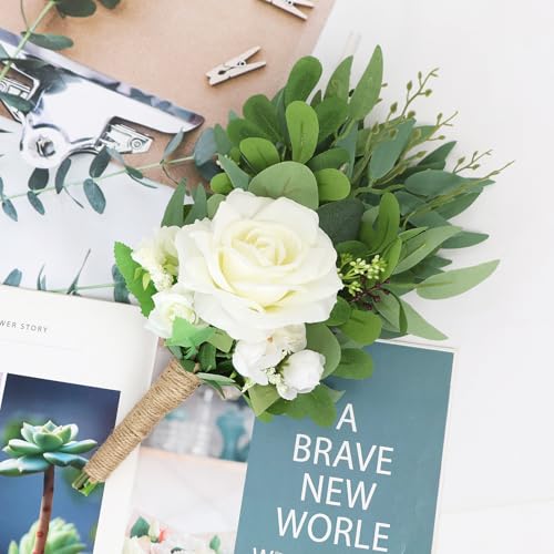 Product: Bride Bouquets & Bridesmaid Bouquets Set of 6 for Wedding Ivory White Rose Small Floral Greenery Bouquet for Wedding Bridal Shower Centerpiece Ceremony and Anniversary