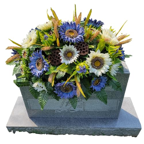 Product: Blue Large Headstone Saddle, Cream Sunflowers Grave Flowers for Memorial Decoration Garland for Table Centerpiece Holiday Party Weddi