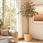 Product: 6FT Artificial Bougainvillea Tree, Tall Potted Fake Tree Indoor, Faux Tree with Wood Trunk and Pink Flowers for Outdoor Office Wedding Home Decor