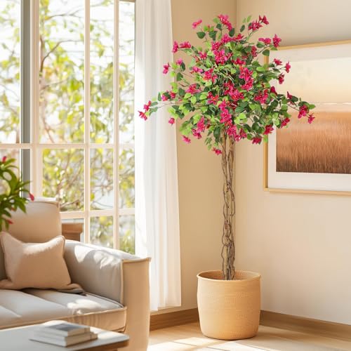 6FT Artificial Bougainvillea Tree, Tall Potted Fake Tree Indoor, Faux Tree with Wood Trunk and Pink Flowers for Outdoor Office Wedding Home Decor - Artificial Flower Arrangements Product: 6FT Artificial Bougainvillea Tree, Tall Potted Fake Tree Indoor, Faux Tree with Wood Trunk and Pink Flowers for Outdoor Office Wedding Home Decor
