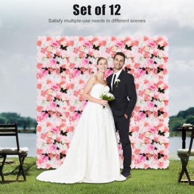 Product: QeuSulio 12PCS Artificial Flower Wall Panel, Fake Dahlias Roses Wall Background Arrangements, Large Silk Floral Backdrop with Different Flowers & Grid for Wedding Venue Decoration Candy Walls