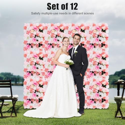 Product: QeuSulio 12PCS Artificial Flower Wall Panel, Fake Dahlias Roses Wall Background Arrangements, Large Silk Floral Backdrop with Different Flowers & Grid for Wedding Venue Decoration Candy Walls