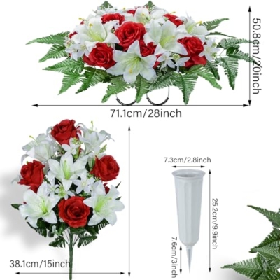 Product: XONOR Artificial Cemetery Flower Saddles, Cemetery Memorial Flowers with Vase for Grave Tombstone Decorations, Lily Rose Headstone Flowers Saddle(1 Saddle 2 Bouquets)