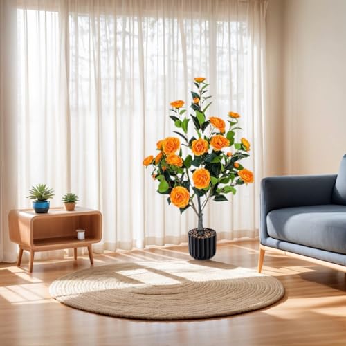 Product: Enhance Your Space with Lifelike Artificial Camellia Tree Set (2-Pack) – Vibrant Orange Blooms, Greenery in Pot for Indoor/Outdoor Decor, Modern Office & Home Accents