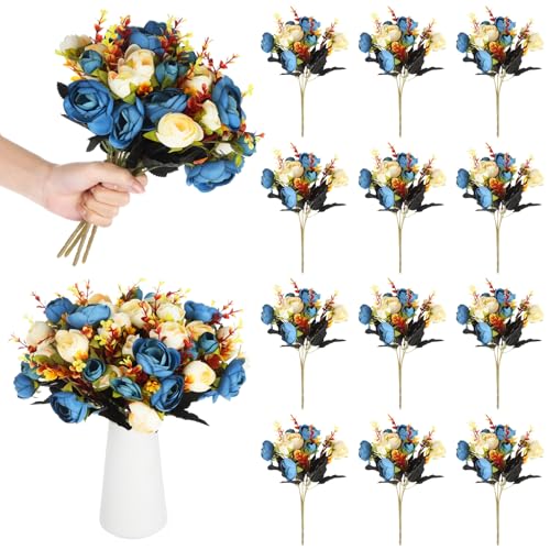 Product: Tressify Set of 12 Silk Rose Bouquets, Blue Camellia Tea Roses for Table Decorations, Wedding Centerpieces, Artificial Flowers