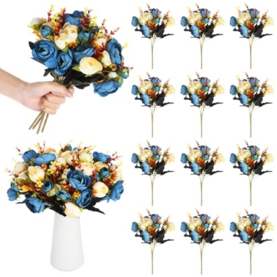 Product: yeeplant 12 Bunches Blue Silk Rose Bouquets for Decoration, Camellia Tea Roses, Wedding Table Centerpieces, Elegant Artificial Flowers
