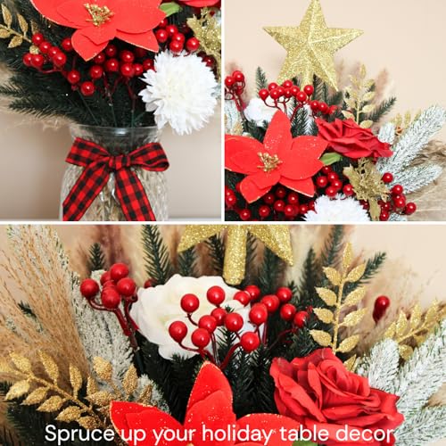 Artificial Flower Arrangements Christmas Centerpieces for Tables, Holiday Table Decor, 100pcs Christmas Floral Arrangements in Vase, Xmas Decorations for Coffee Kitchen Dining Table, Artificial Poinsettia Red Berry Pine Branches 1 1 Product: Christmas Centerpieces for Tables, Holiday Table Decor, 100pcs Christmas Floral Arrangements in Vase, Xmas Decorations for Coffee Kitchen Dining Table, Artificial Poinsettia Red Berry Pine Branches