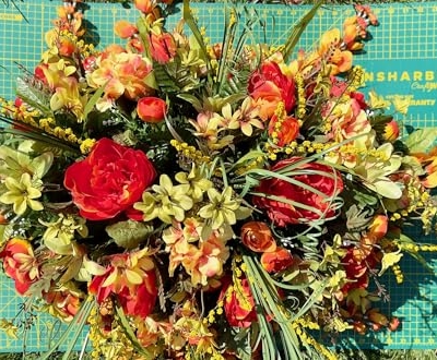 Product: Jucgghk Vivid and Realistic Floral Art 36" Large Fall Greens-Oranges Artificial Flowers,Fall Cemetery Arrangements for Grave Tombstone Decorations