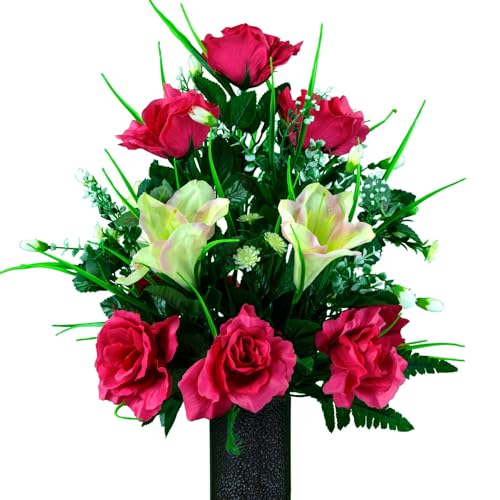 Product: Vivid and Realistic Floral Art Cream Pink Amaryllis and Fuchsia Rose Cemetery Saddle and Flowers,Mothers Day Artificial Flowers for Headstone(NO VASE)