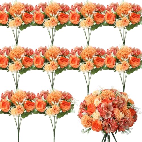 Product: Tigeen Artificial Flowers Artificial Peonies Silk Flowers Faux Peony Fake Peony Silk Hydrangea Bouquet for Wedding Table Centerpiece Floral Vase Decor(Bright Orange,24 Bundles)