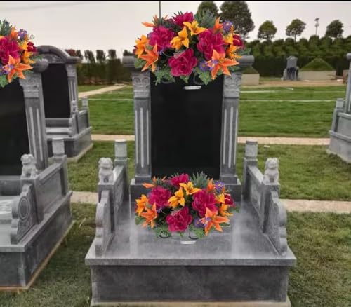 Silky Flower Store Artificial Cemetery Saddle Floral Arrangement, Orange Lily Purple Peonies Purple Daisy, 28in x 18in x 10in 2 2 Product: Jucgghk Vivid and Realistic Floral Art Orange Lily, Deep Purple Peonies with Purple Daisy Cemetery Saddle, Artificial Cemetery Flowers,Flower Arrangement for Headstone