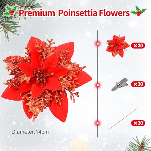 Product: SPORTYOUTH 3ft x 50ft Fence Privacy Screen Green and 30 Pcs Red Poinsettia Artificial Christmas Flowers with Clips Stems